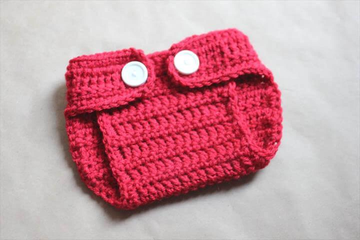 red crochet diaper with white button