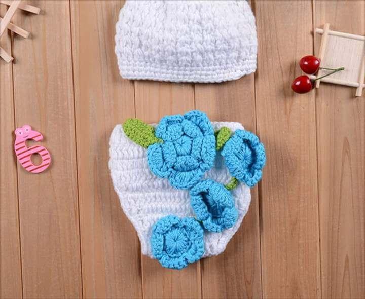 Knitted Girls Flower Hat and Diaper Set