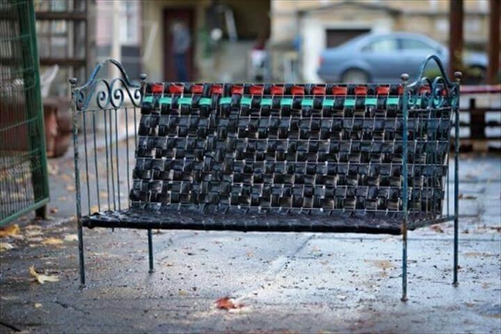 Reused Bicycle Inner Tubes Woven into Cool Recycled Bedframe Bench