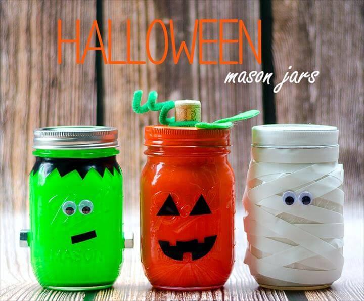 Mason Jar Craft Ideas for Halloween: Pumpkin, Mummy, Frankenstein Jars