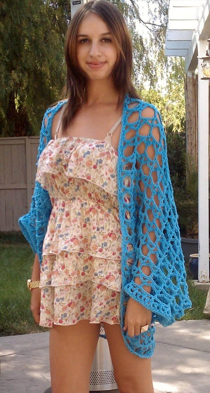 blue crochet shrug