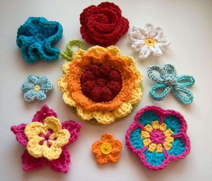 Nine colorful crochet flowers