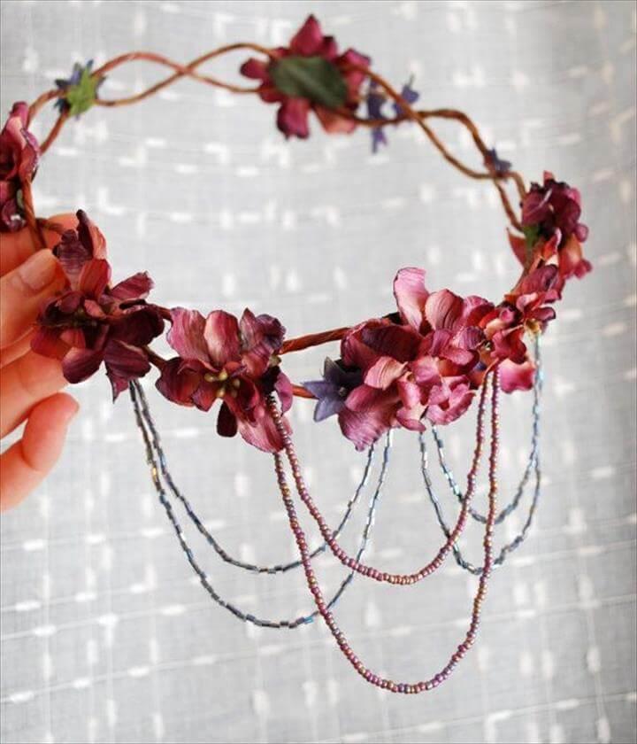 Bohemian head wreath mauve flower crown, Gold leaf, Chain headband and Bobby pins