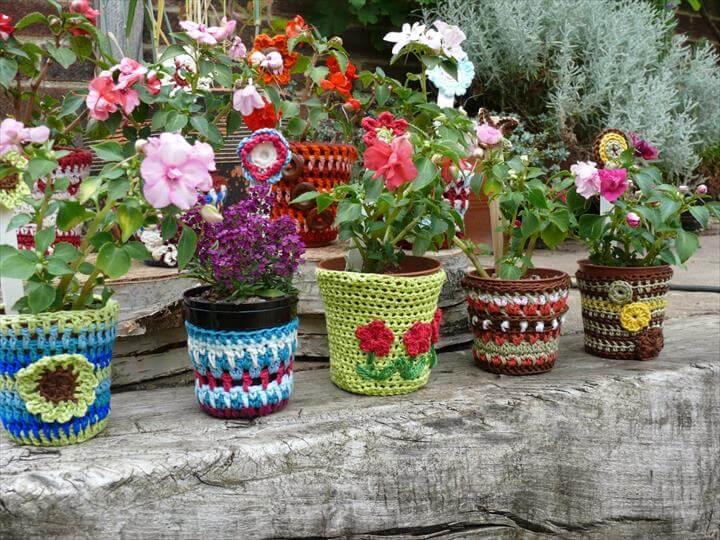 All of the flower pot covers and markers. -so far! All made using dk. cotton of various makes but any double knitting will do.