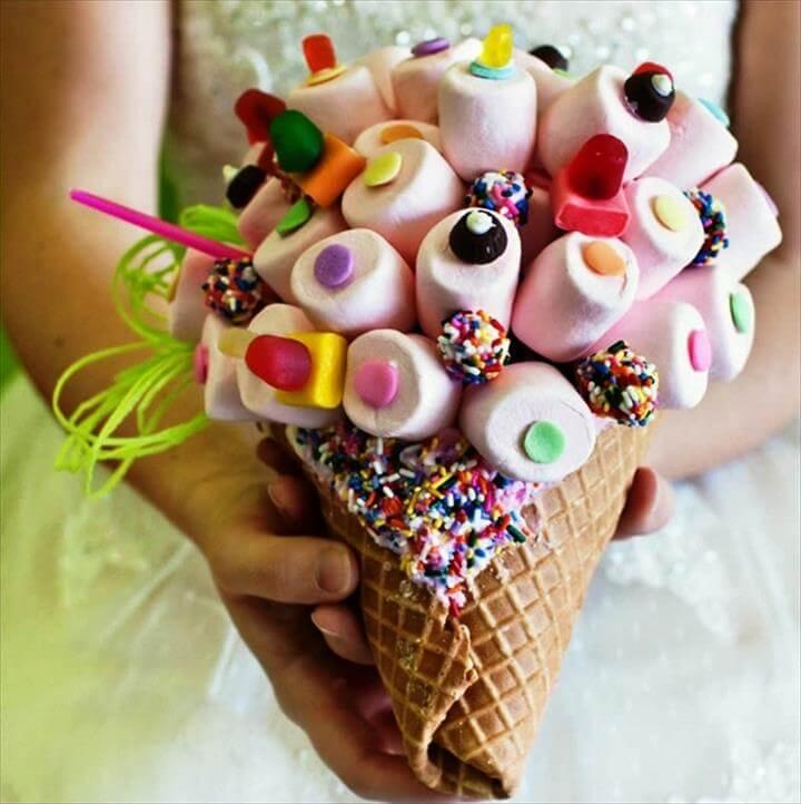 DIY Candy Bouquet. Iwould combine paper cone as this.
