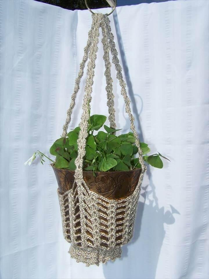Flower hanging basket taupe crocheted for flower pots plant holder