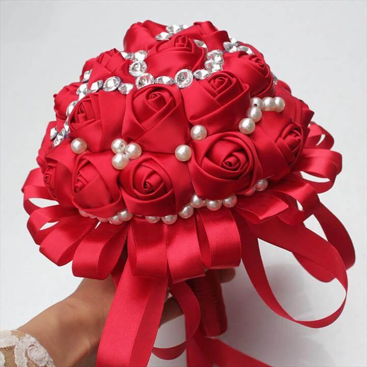 Solid Color Winered Satin Bridal Wedding Bouquets Artificial Flower with Diamond Pearl Beads
