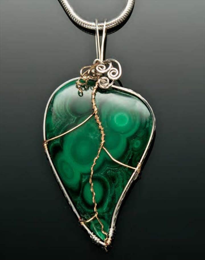 Stone leaf and wire pendant