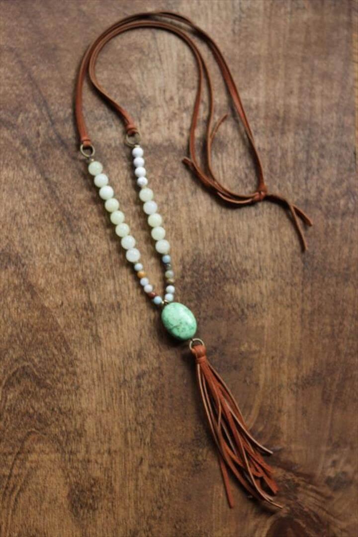 Boho beaded necklace with camel tassel and green