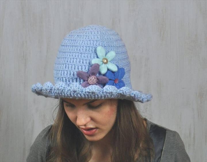 Blue Hat with Felt Flowers, Girl's Brimmed Hat, Handmade, Yarn Crochet, Floppy Hat, Flatter Hat, Spring Hat, Impressive unique, Acrylic