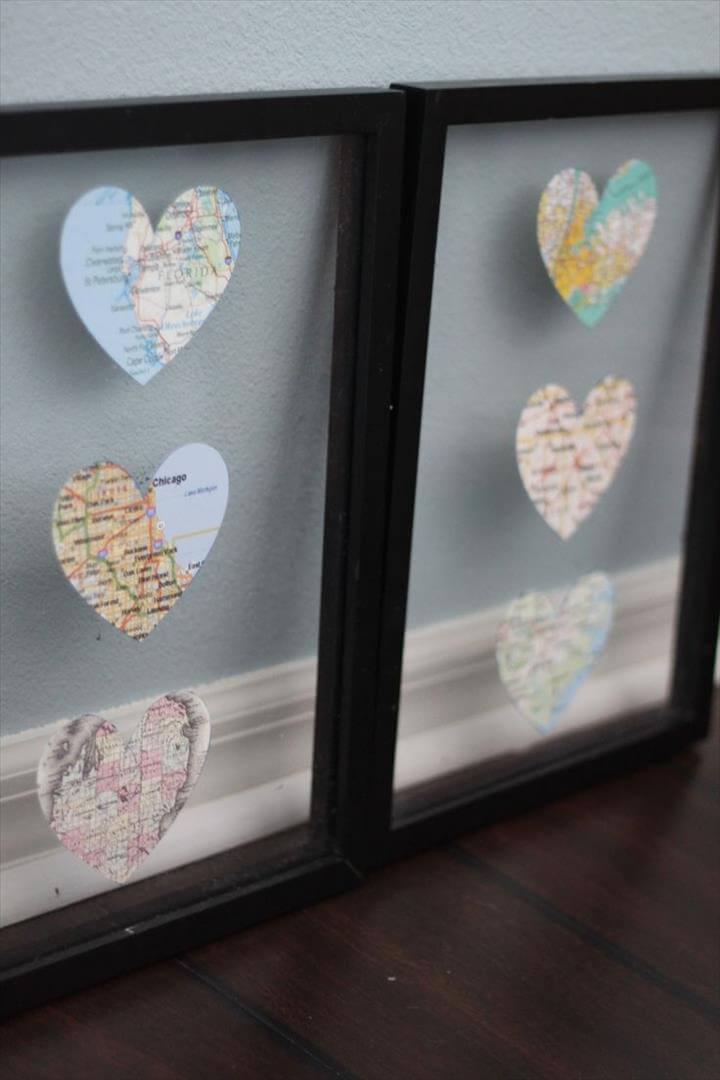 DIY Heart Map Decor. Cut out the cities you love in a heart shape and
