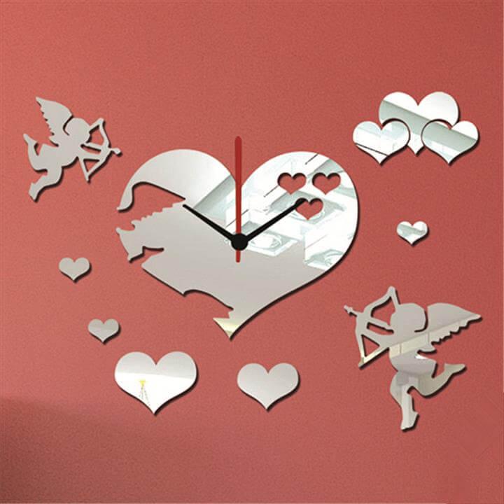 Love Angels Heart Shape Mirror Wall Clock Silver Color 1