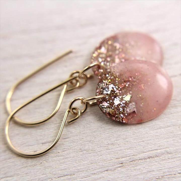Pink glitter resin earrings with gold leaf silver ...