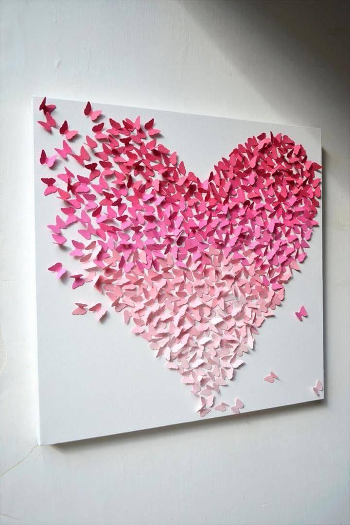 Wall Art Decor, Pink Heart Butterfly Canvas Shaped Form Love Design Beautiful Shading Three Dimensions