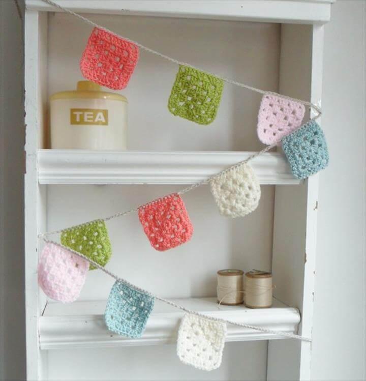 Crochet Garland - Banner - Bunting granny squares in Baby Pink - Olive - Peachy Pink