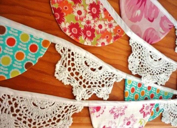 fabric and crochet doily bunting