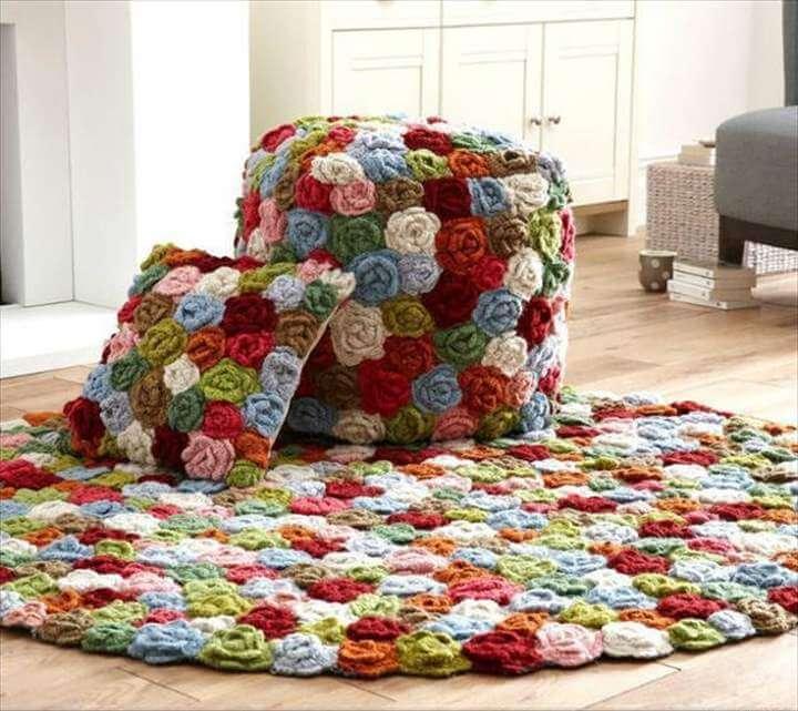 Crochet craft ideas. Colorful crochet patterns decorating floor rugs, decorative pillows and poufs