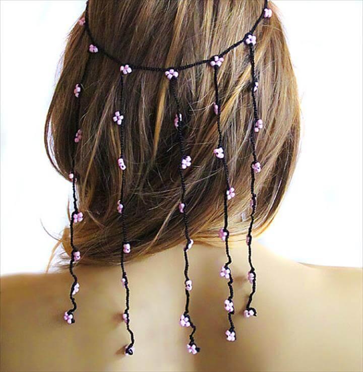 crochet Headband Hair Weddings hair Accessories Hair Piece pink beaded Wedding Bridal Accessories Boho Bohemian Women hairwraps