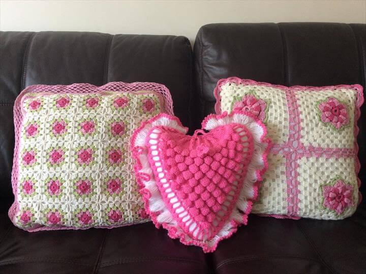 Heart shaped cushion made with crochet 