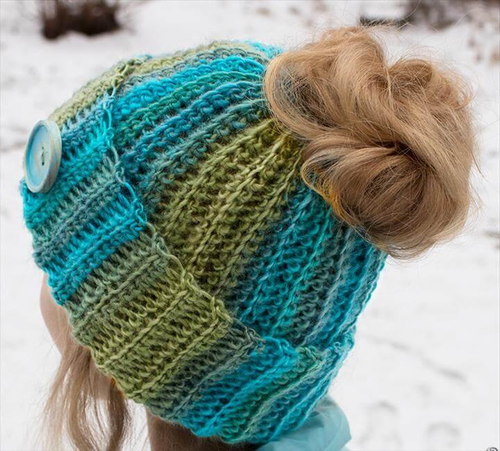 DIY Free Pattern and YouTube Tutorial Video for Crochet Ribbed Bun Hat - Messy Bun Hat