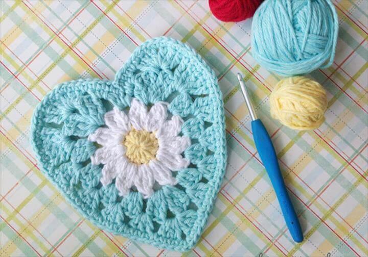 Crochet Heart with Daisy Center. Colorful Dishcloth. Crochet Jellyfish