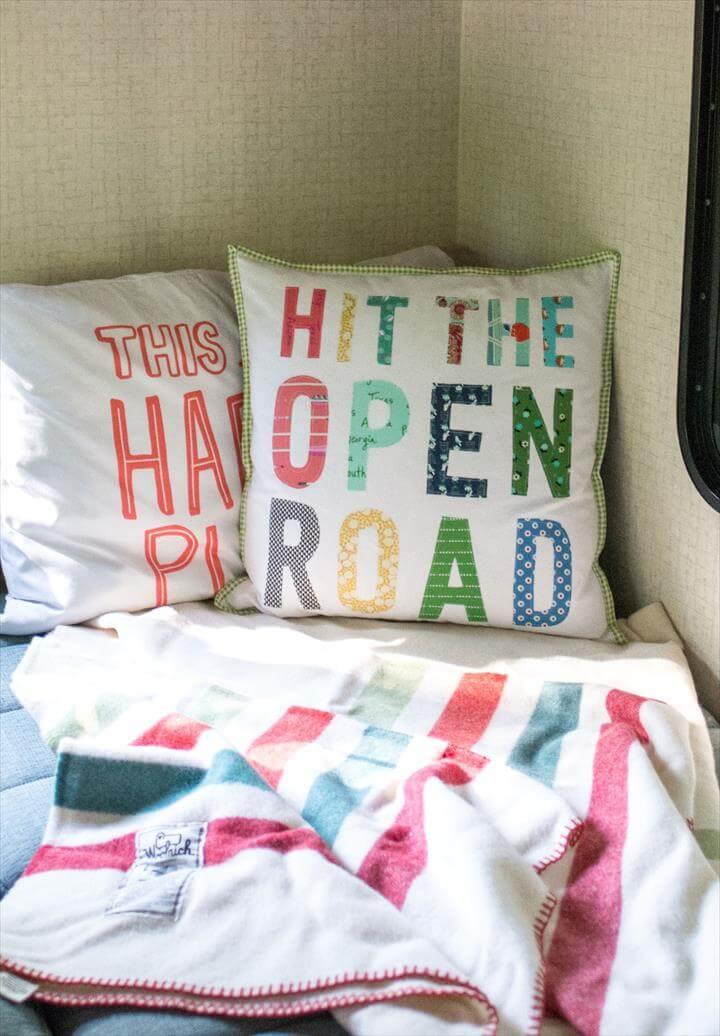 Free tutorial for a Hit the Open Road pillow, a fun DIY project for an