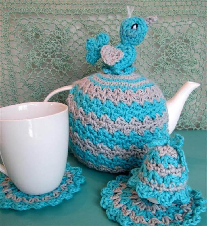 Tea Cosy, Coaster, Egg Cosy Set with Bir FREE Crochet Pattern
