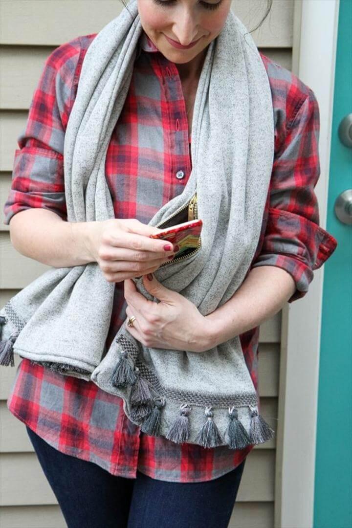 Stylish and Simple No-Sew Scarf With Hidden Pocket, DIY Winter Fashion Projects