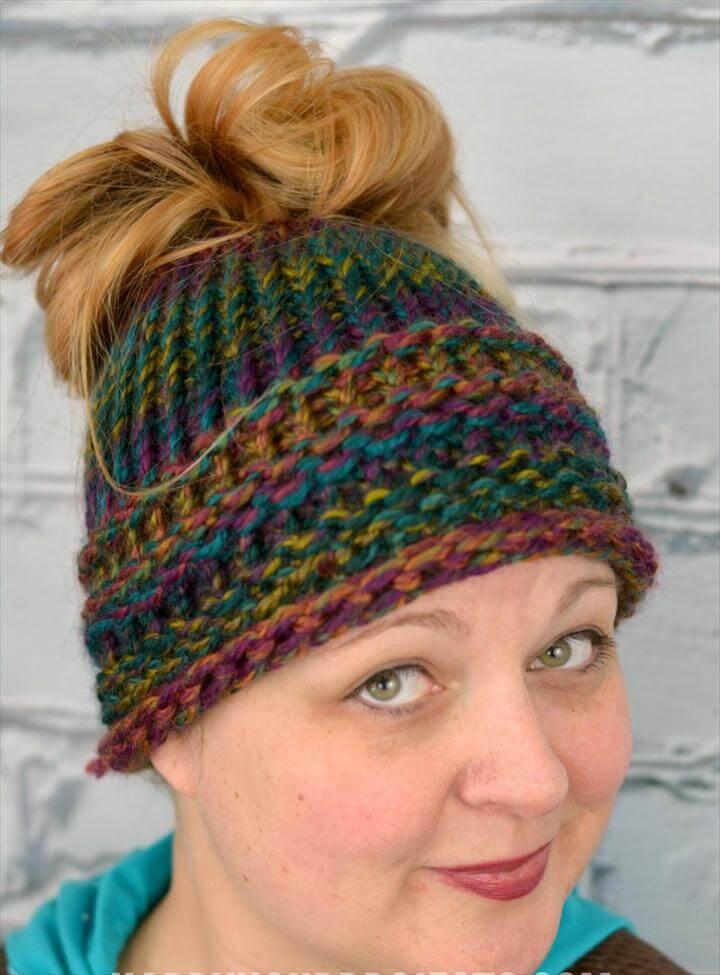 Beginners Messy Bun Hat Using the Loom Knitter