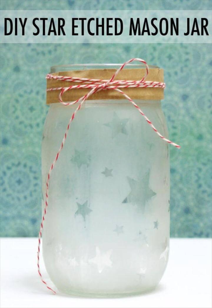 Cute DIY Mason Jar Ideas - DIY Star Etched Mason Jar - Fun Crafts, Creative