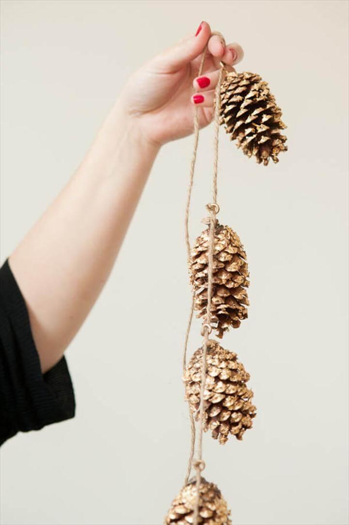 Gold Leaf Pine Cone Garland, diy garland, garland ideas, DIY Gold Leaf Projects for Fall