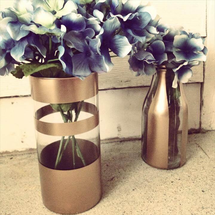 DIY gold spray painted vases with fake flowers