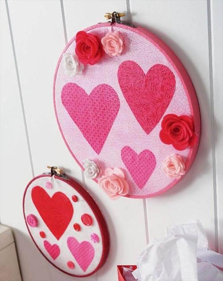 Valentine's Day embroidery wall hanging with heart motiff