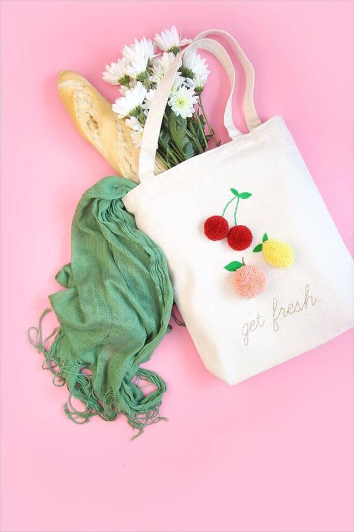 Free Embroidery Patterns - Embroidered Pom Pom Market Tote