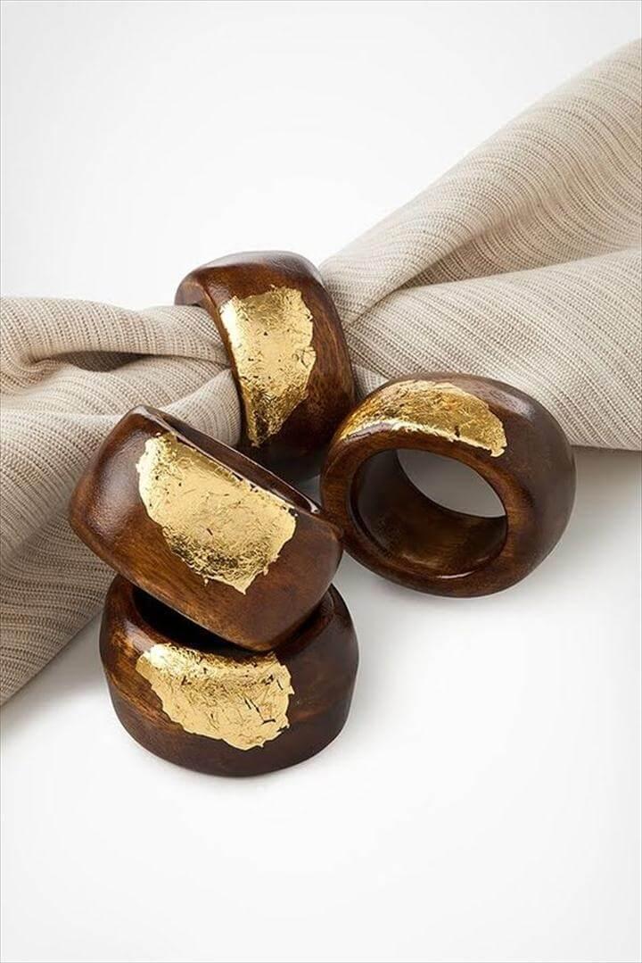 Gold Leaf Wooden Napkin Rings.