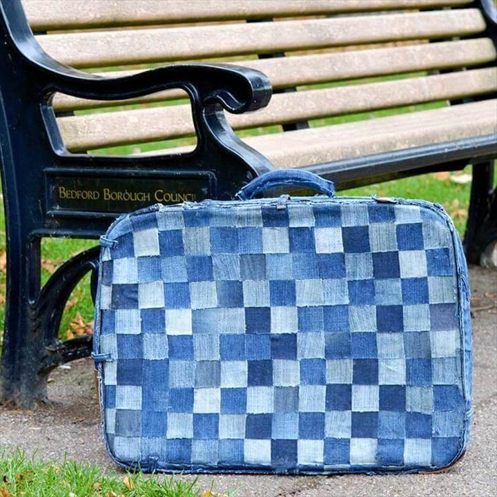 Cover An Old Busted Suitcase In Jean Squares