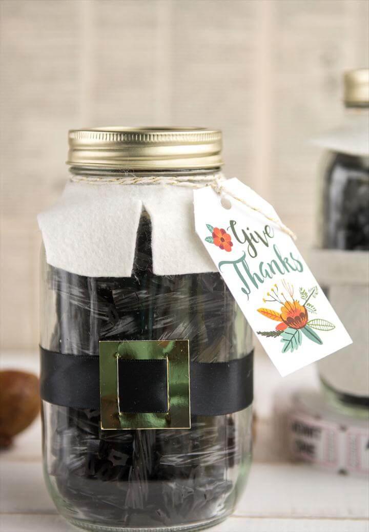 Cute Thanksgiving Pilgrim Mason Jar Gift Idea, would be cute for a hostess or teacher