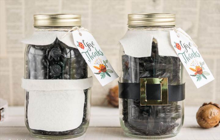 Cute Thanksgiving Pilgrim Mason Jar Gift Idea, would be cute for a hostess or teacher
