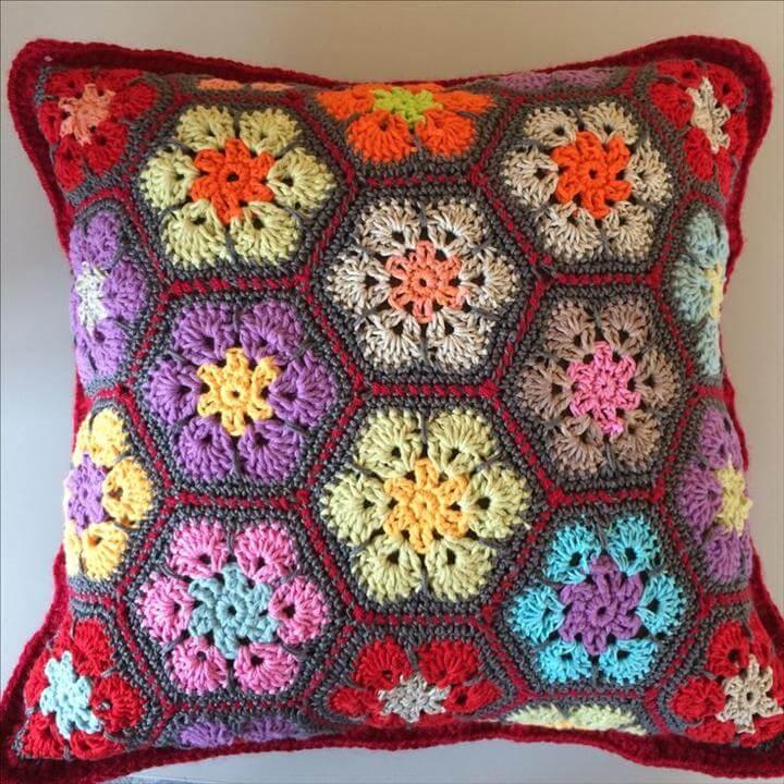 Color Bomb Flower Pillow, Crochet african flower pillow/