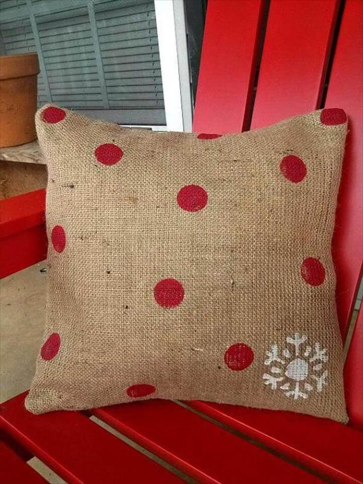 burlap pillow, red chair, red polka dots, porch, outside decorations, Burlap Christmas Pillow Red Polka Dots