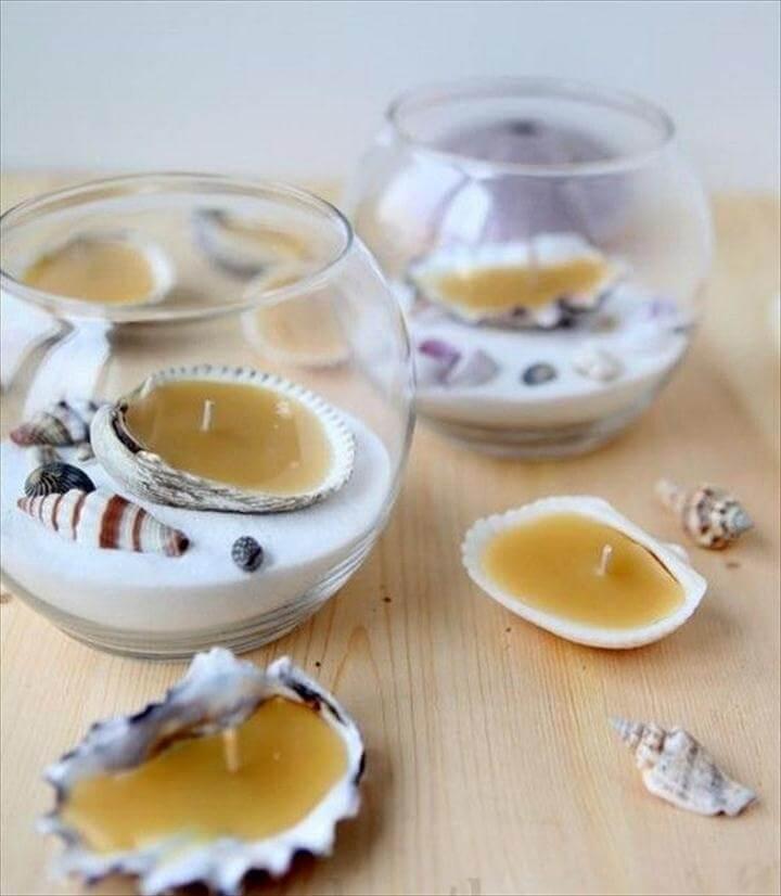 tealights, seashell lighting ideas. candle holder