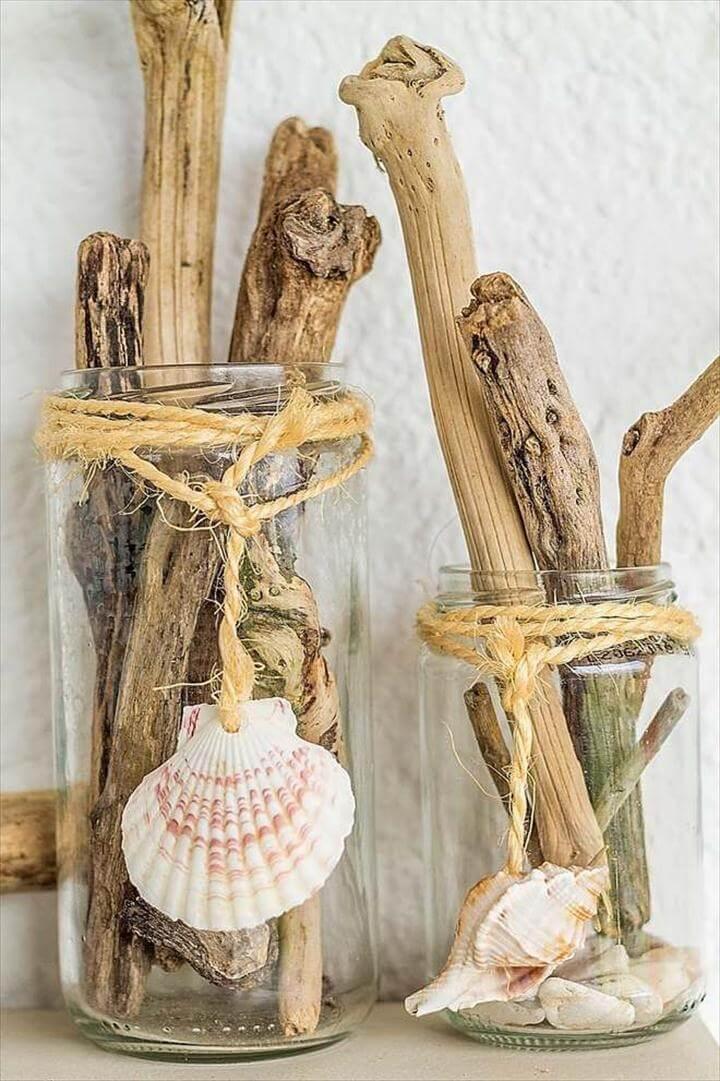 driftwood and seashell glass jars