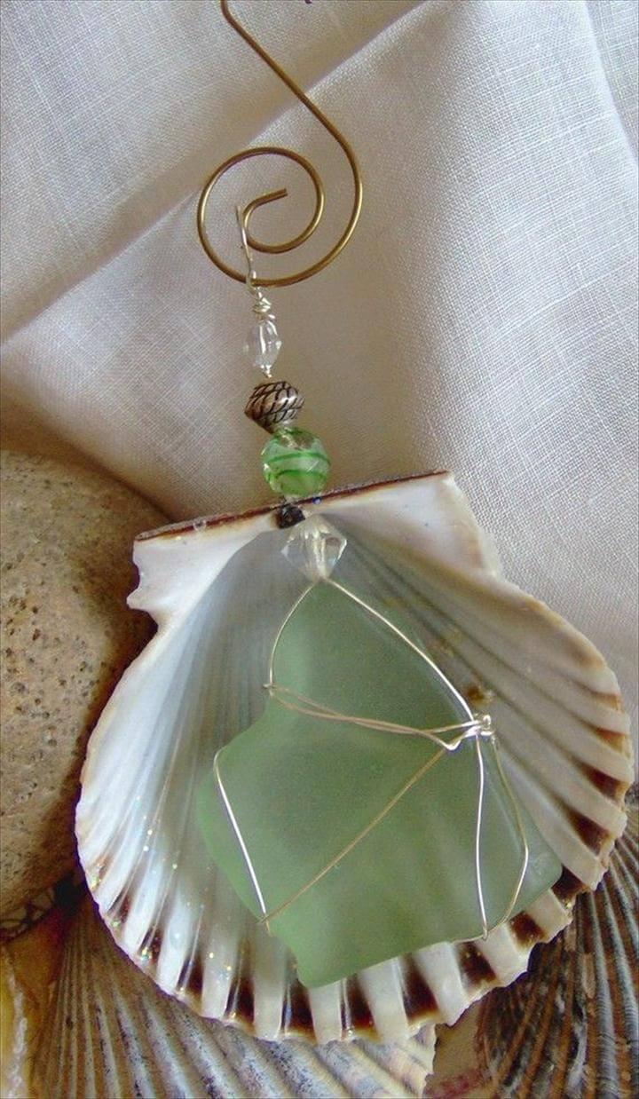 Nantucket Scallop Shell and Sea Glass Ornament