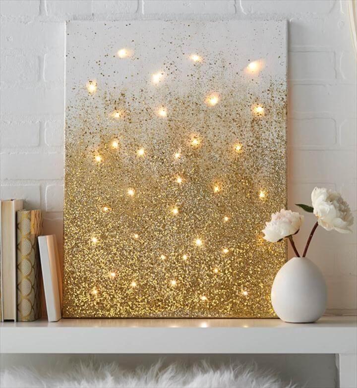 DIY String Light Backlit Canvas Art Ideas Crafts - Light Up Glitter Canvas