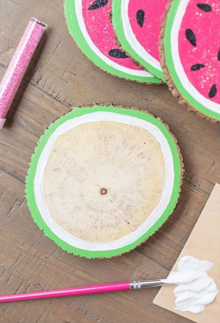 Wooden Watermelon Coasters, wooden watermelon coasters, crafts, repurposing upcycling