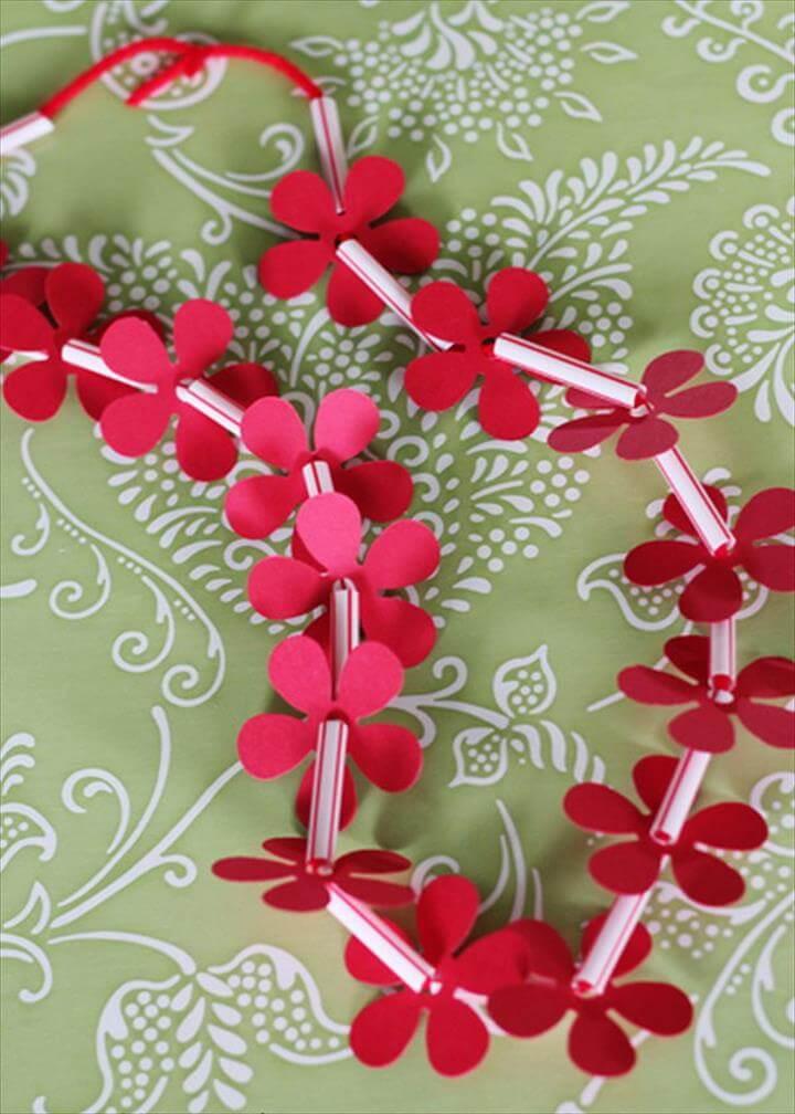 Homemade Hawaiian Leis for Kids Made with Drinking straws and Paper Flowers