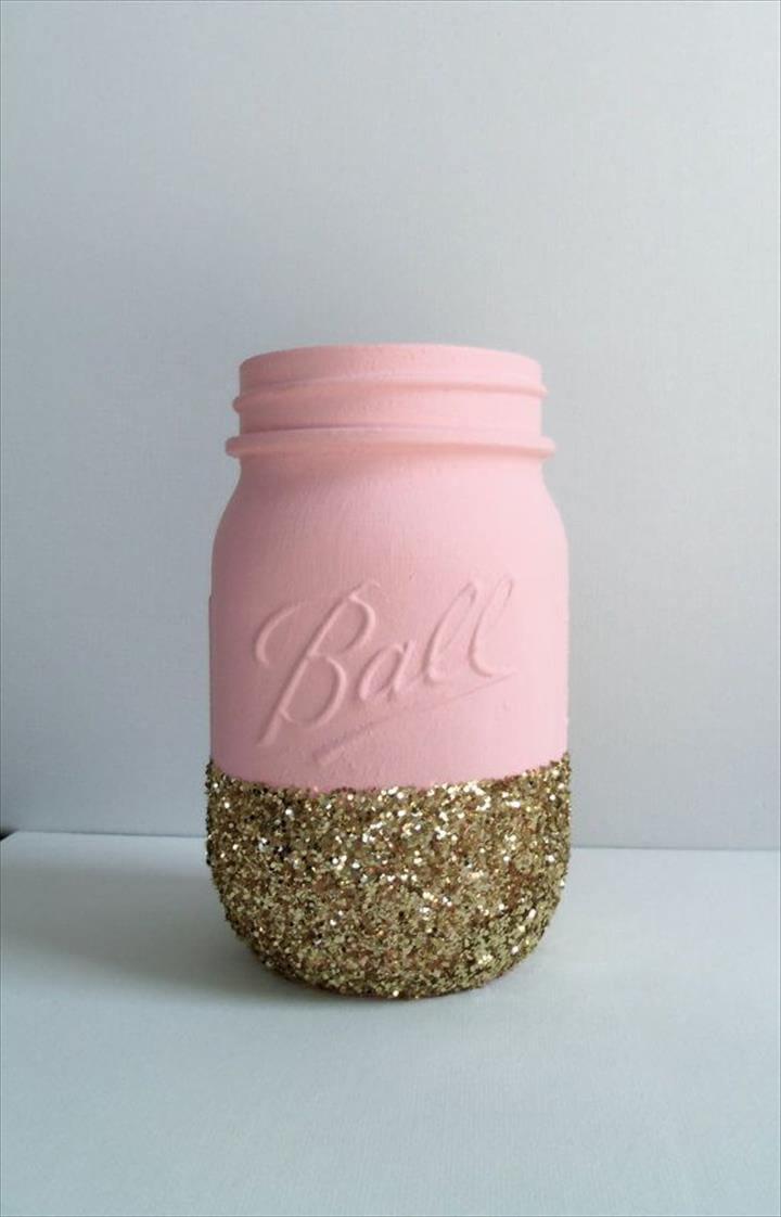 Gold Glitter Mason Jar- Pale Pink. Perfect for Weddings, Babyshowers,