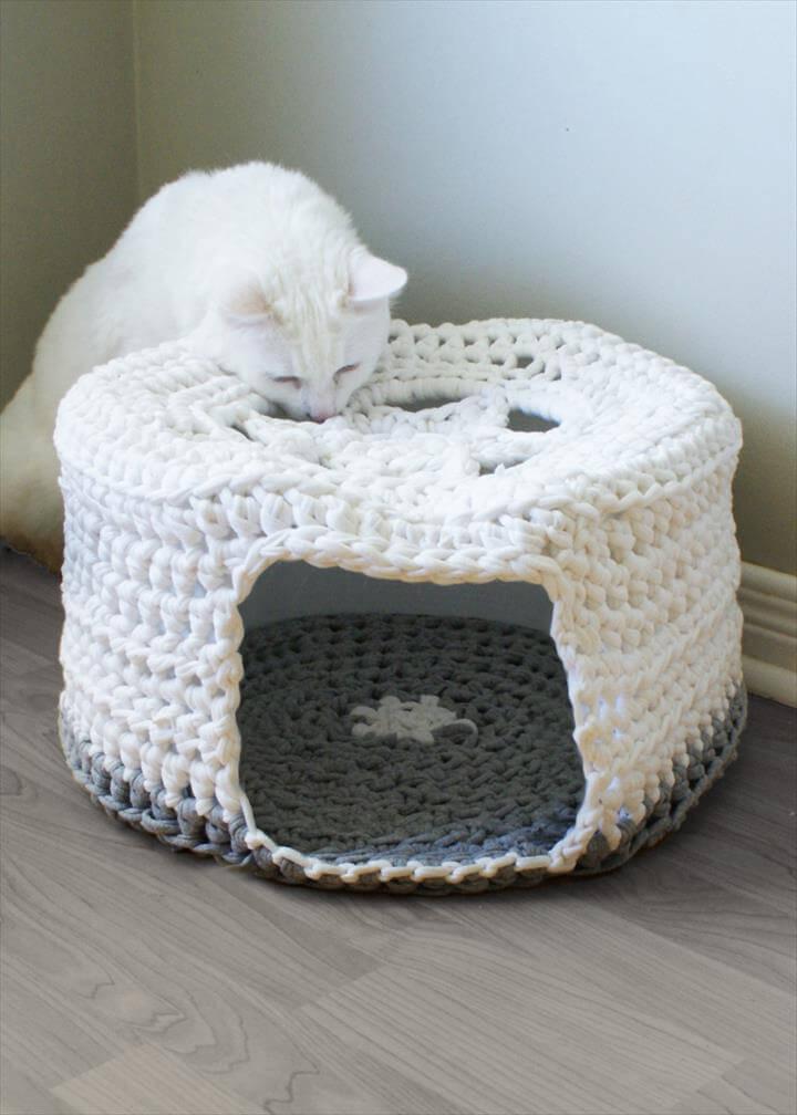 white crochet pet bed