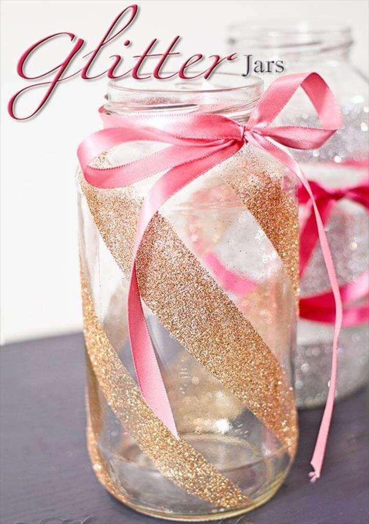 DIY pink bow glitter mason jar with striped ribbon - Christmas gift, home decor