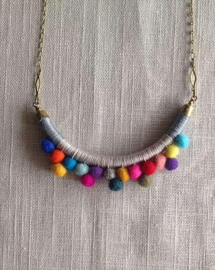 diy necklace, necklace tutorial, pom pom necklace